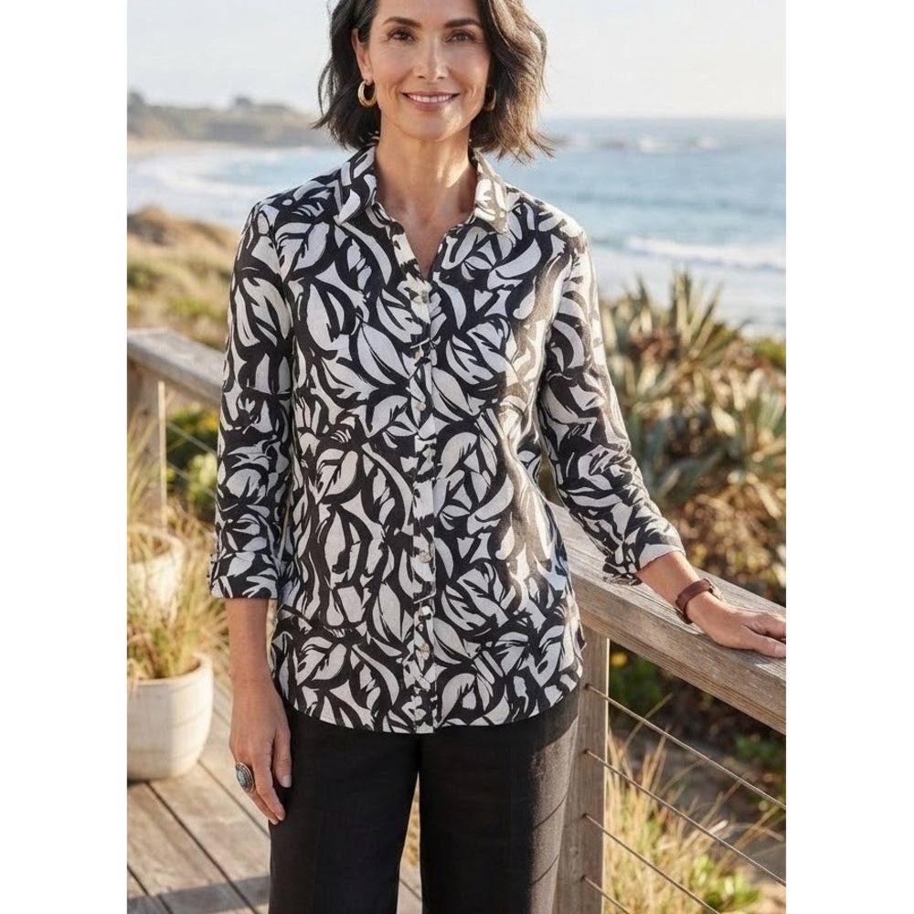 Chicos Shirt Womens 100% Linen Button Up Black White Print Artsy Sz 2 - Large